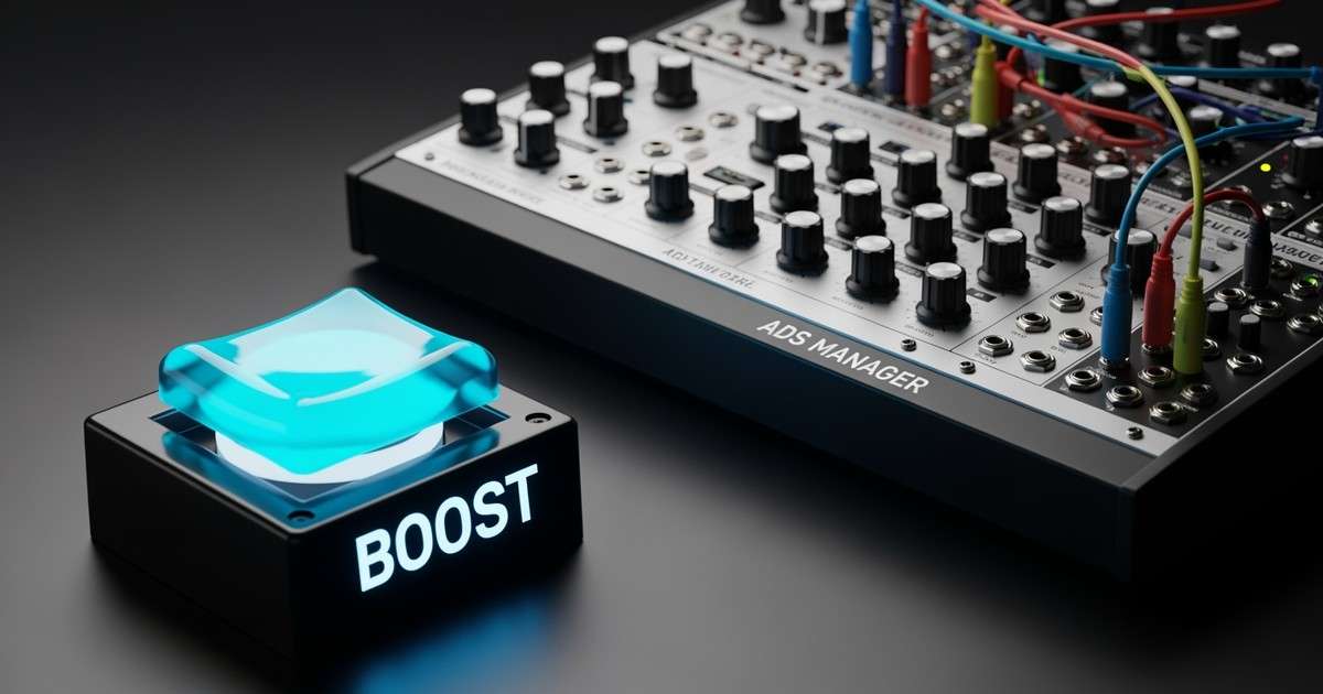 A glowing blue button labeled BOOST sits beside a complex professional synthesizer panel with sliders and patch cables on a dark desk.