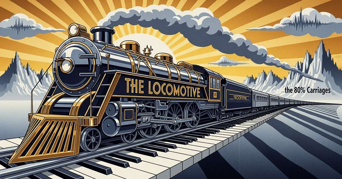 A bold Art Deco illustration of a massive golden locomotive engine pulling smaller train cars along a track made of piano keys.