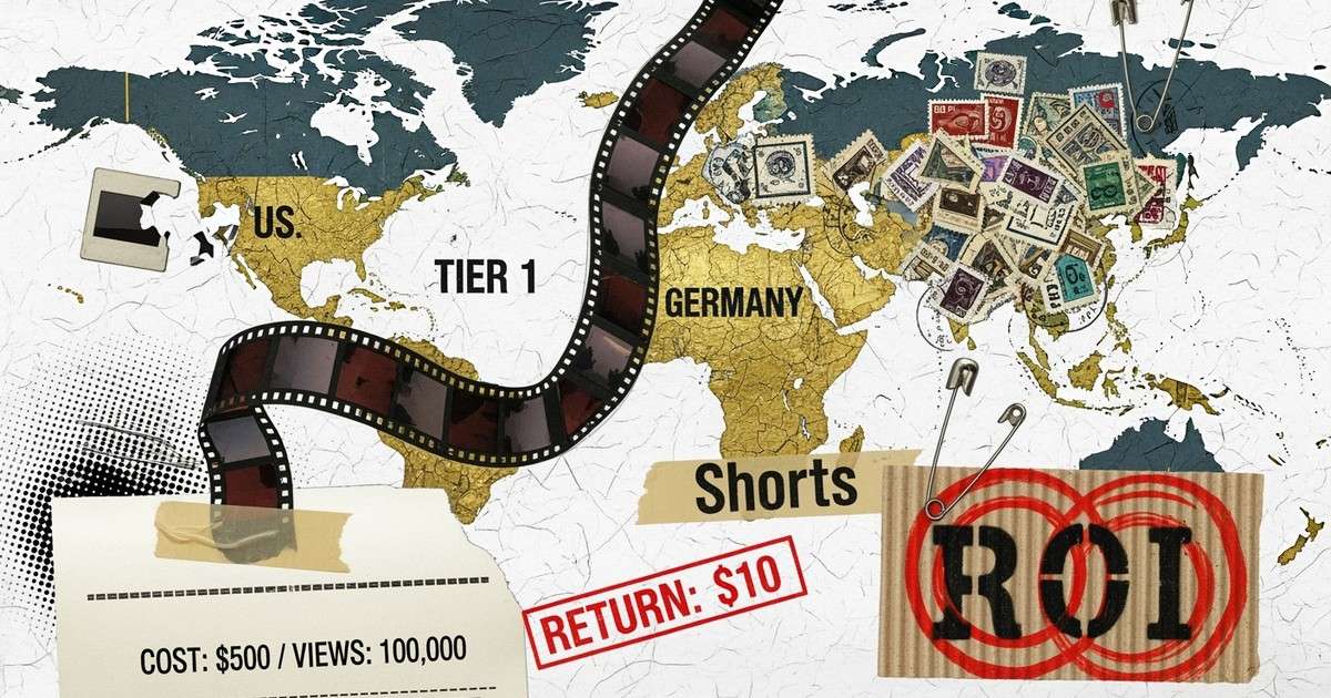 A gritty mixed-media collage featuring torn maps, shredded receipts showing high costs versus low revenue, and taped-together film strips
