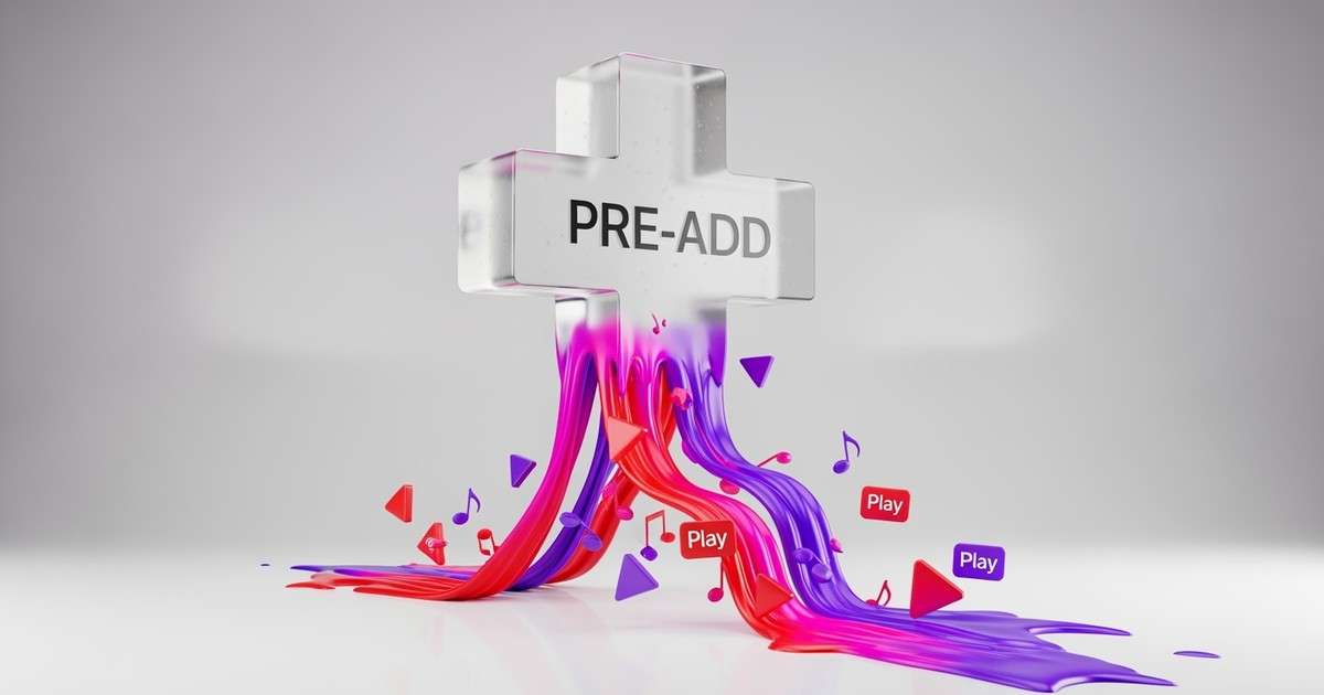 A 3D render of a glass plus sign melting into vibrant pink liquid sound waves, symbolizing music pre-adds converting into active streams.