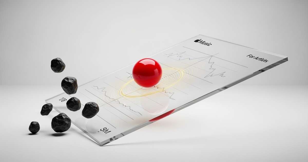 A vibrant red sphere magnetically adheres to a tilted glass surface while grey stones slide off, symbolizing successful music playlist