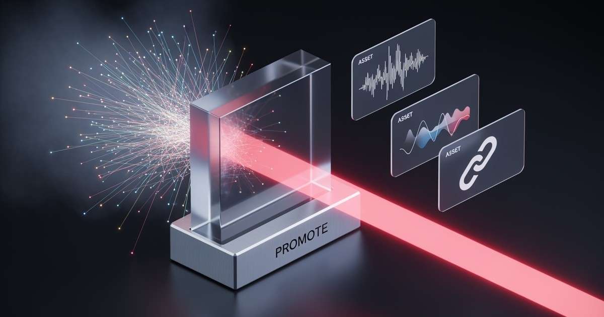 A sleek 3D glass prism focuses scattered light beams into a single vibrant red laser, representing organized music promotion data.