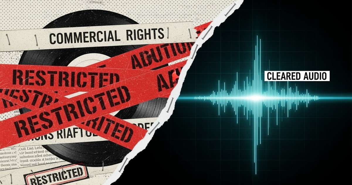 Mixed-media collage showing a vinyl record covered in red caution tape next to a clean, glowing waveform labeled 'CLEARED AUDIO'.