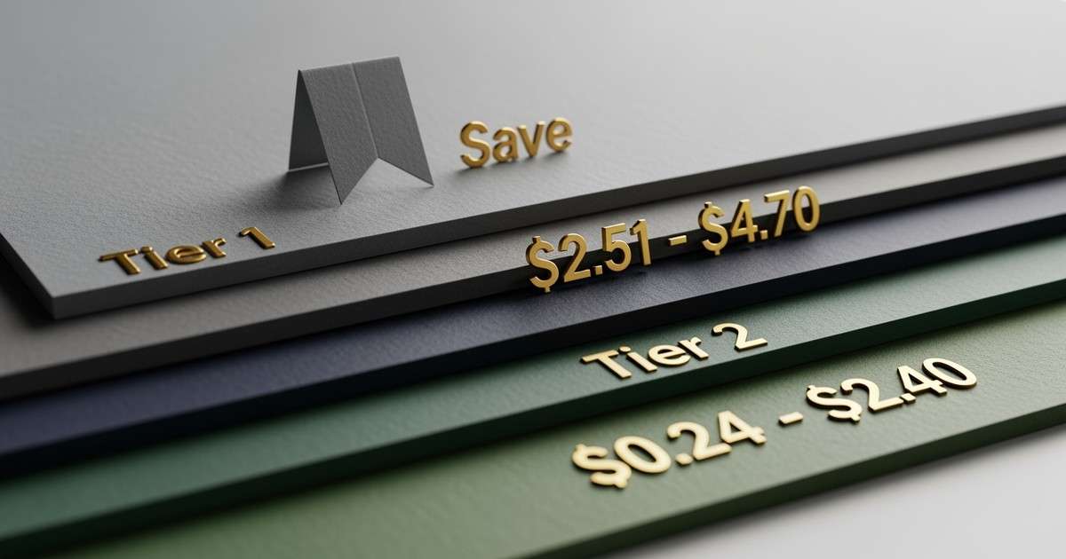 A layered paper craft sculpture visualizing music ad benchmarks with embossed text showing cost tiers of $2.51–$4.70 and $0.24–$2.40.