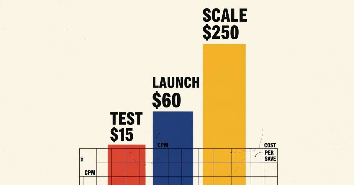A Bauhaus-style infographic poster featuring three vertical geometric pillars of increasing height labeled Test $15, Launch $60, and Scale