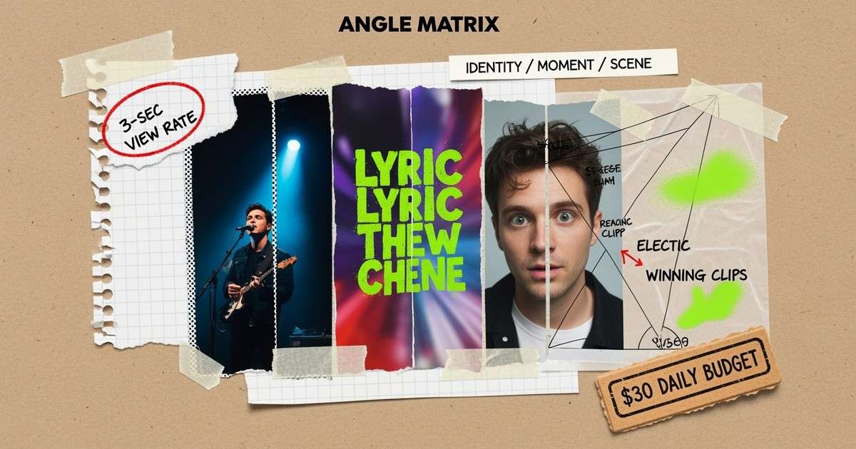 A mixed-media collage showing a musician's portrait sliced into vertical strips, surrounded by handwritten ad metrics and testing angles on