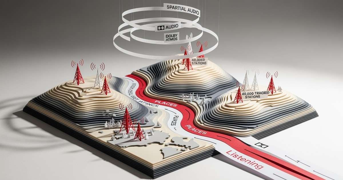 A sophisticated paper-craft sculpture depicting music analytics, featuring flowing paper ribbons, origami radio towers, and layered