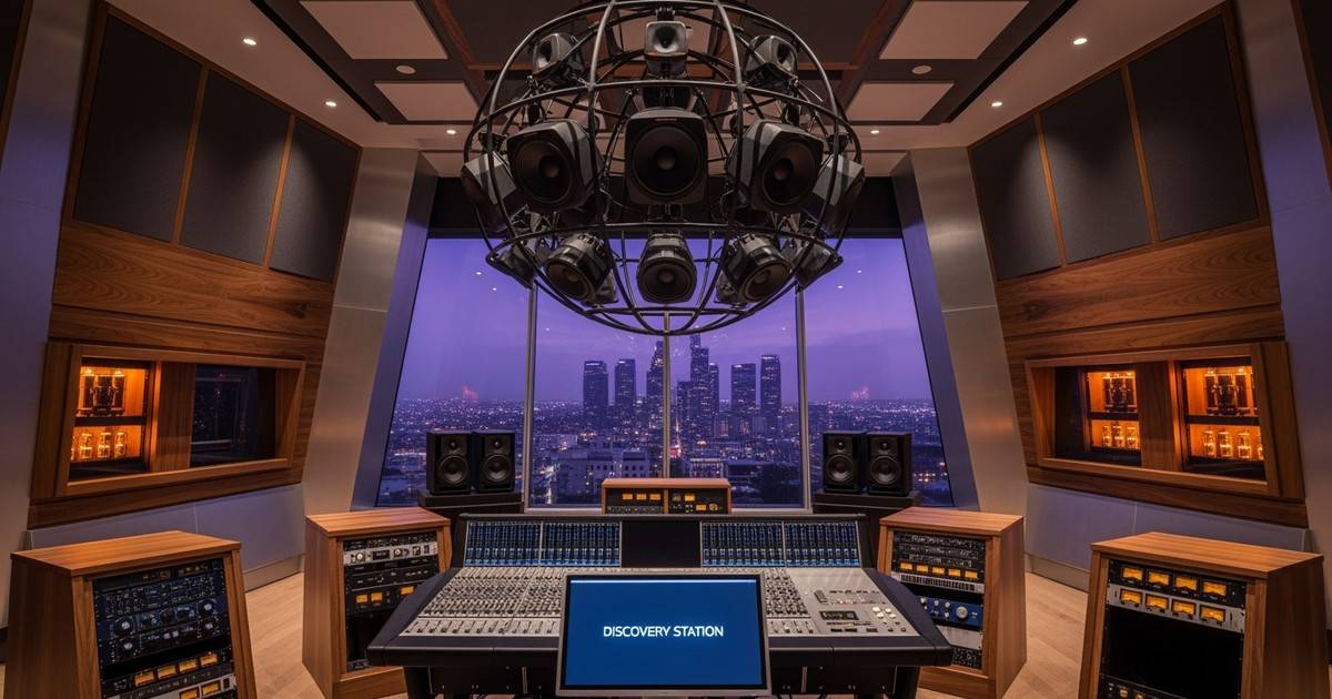Wide cinematic interior shot of the new 15,000-square-foot Apple Music studio hub in Los Angeles, featuring spatial audio speakers and city