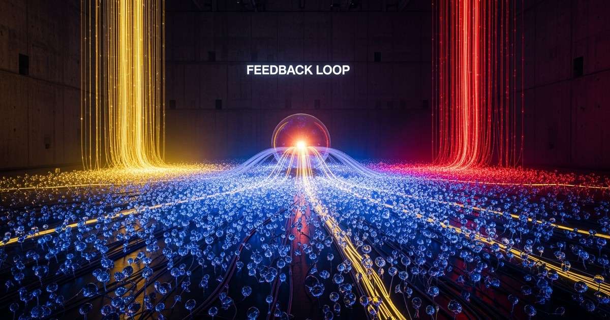 A kinetic light installation in a dark gallery featuring a central glowing sphere sending gold light pulses through cables to ignite a