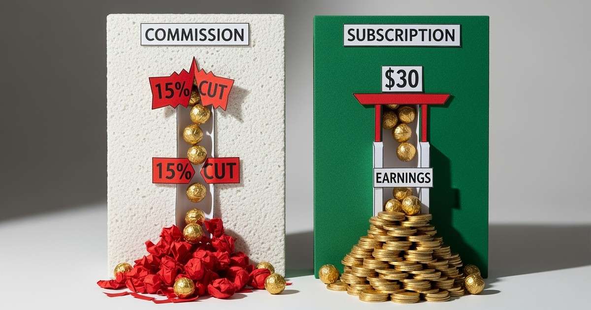 A tactile paper-craft illustration of two distribution chutes; the left 'Free' chute leaks 15% of its gold paper spheres through holes,
