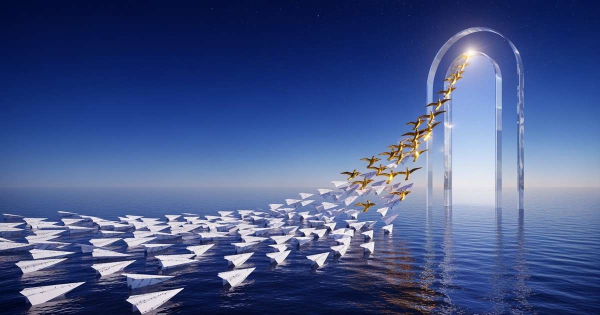 A surreal digital painting of folded sheet-music airplanes approaching a glowing archway in the ocean; most drift on the water, while a few