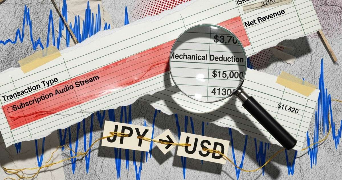 A mixed-media collage layering torn royalty statements, currency symbols, and audio waveforms to visualize complex music revenue data.