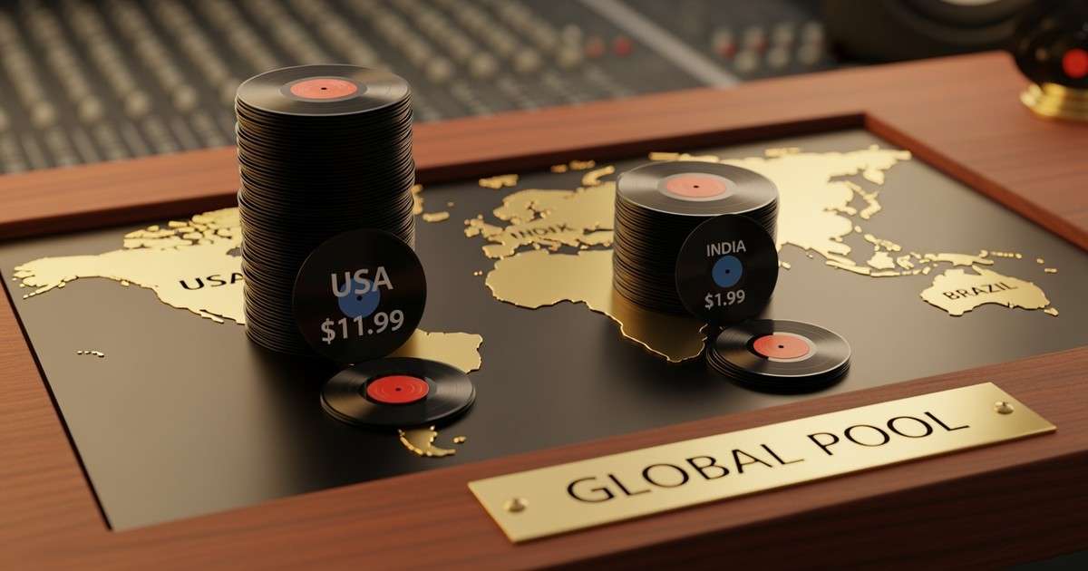 A hyperrealistic 3D studio shot of a wooden world map where stacks of vinyl records represent streaming payouts; the US stack is tall while
