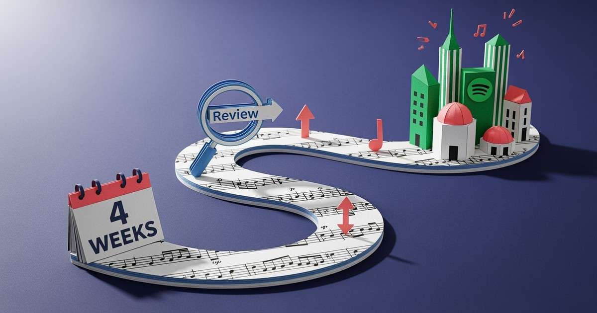 Intricate paper craft illustration of a winding road map representing a music release timeline, starting with a calendar and ending at