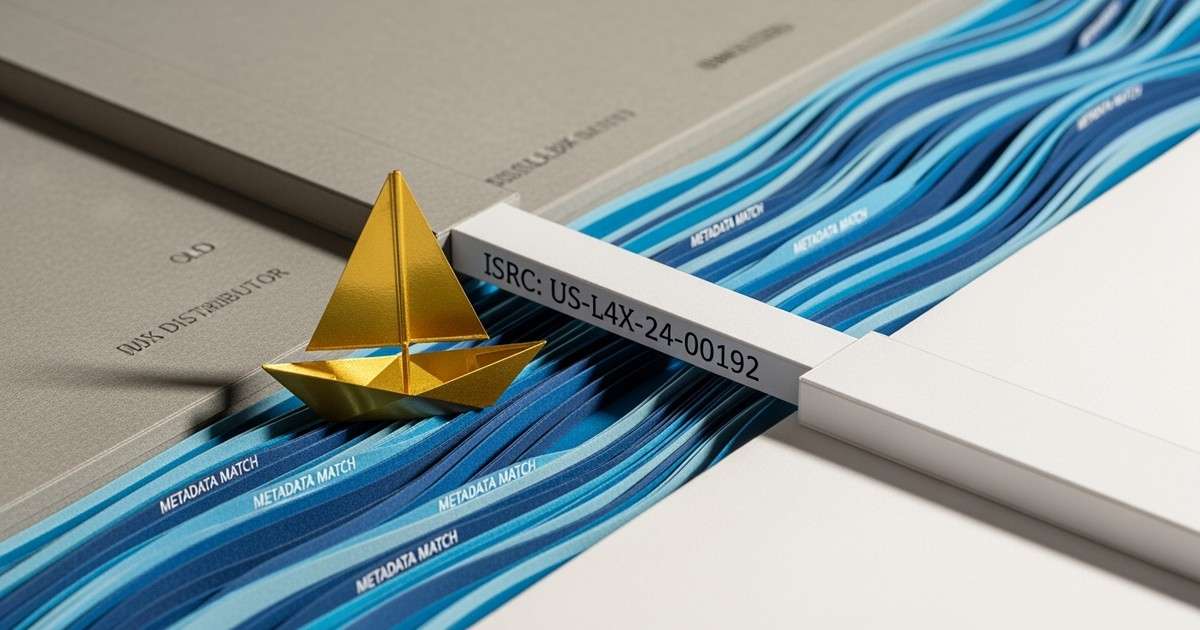 Macro paper craft diorama showing a golden foil boat sailing on a paper river connecting two islands with a bridge labeled with an ISRC
