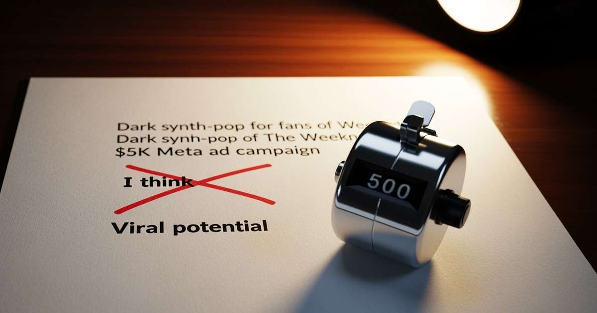 Macro photo of a pitch draft on a desk with red ink edits and a vintage chrome tally counter displaying the number 500.