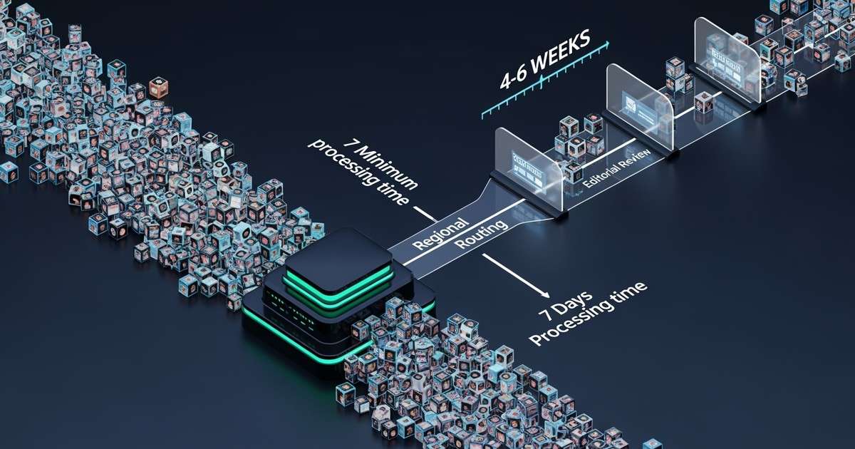Isometric 3D render of a futuristic digital sorting facility where glowing music tracks travel on conveyor belts, highlighting a smooth 4-6