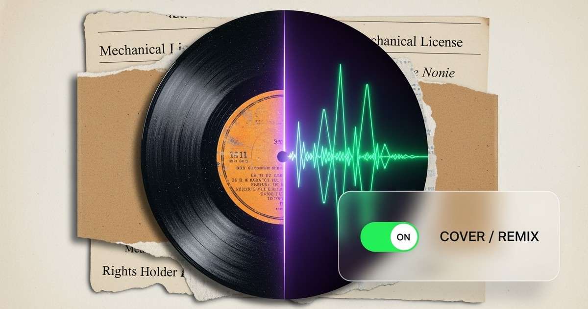 A split-design graphic showing a vinyl record morphing into a digital waveform, layered over licensing documents and a pitch form toggle.
