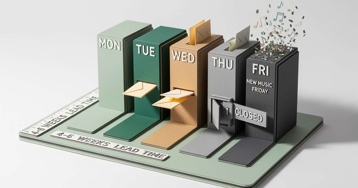 A tactile paper-craft illustration showing a weekly calendar where Tuesday and Wednesday slots receive envelopes, symbolizing the best days