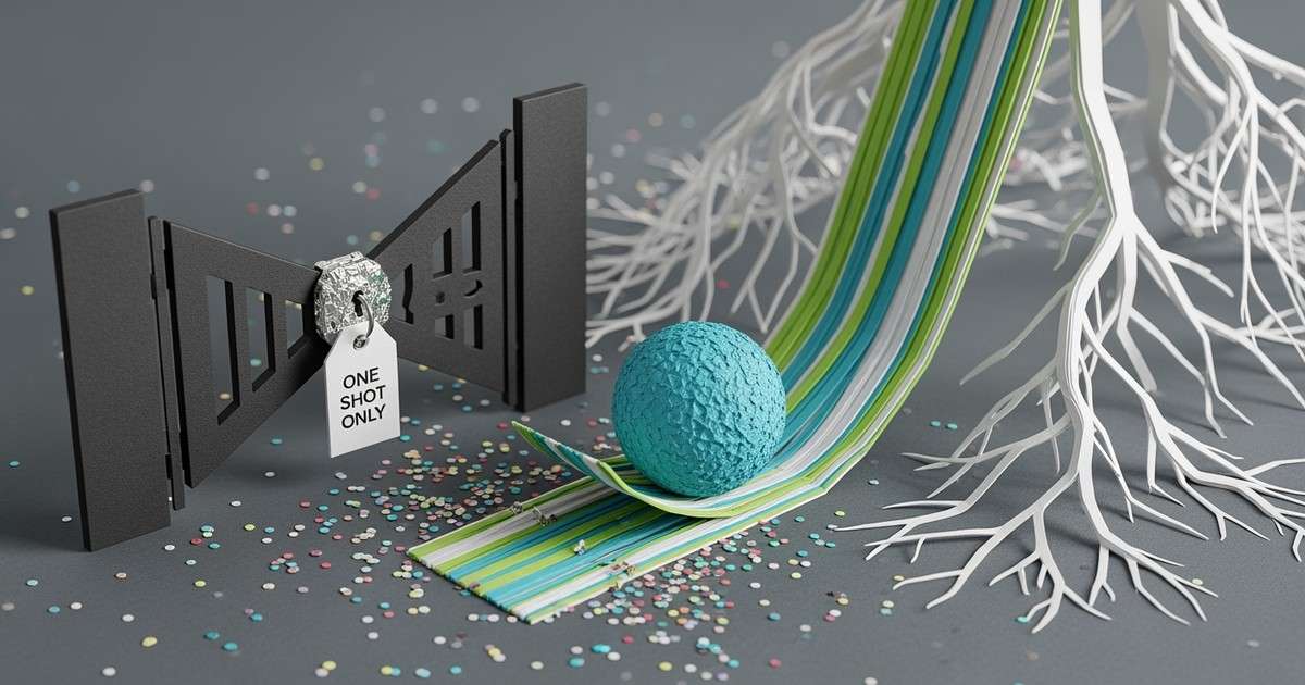 A detailed paper-craft scene where a cyan sphere rolls past a locked black gate labeled ONE SHOT ONLY and onto flowing green paper ribbons
