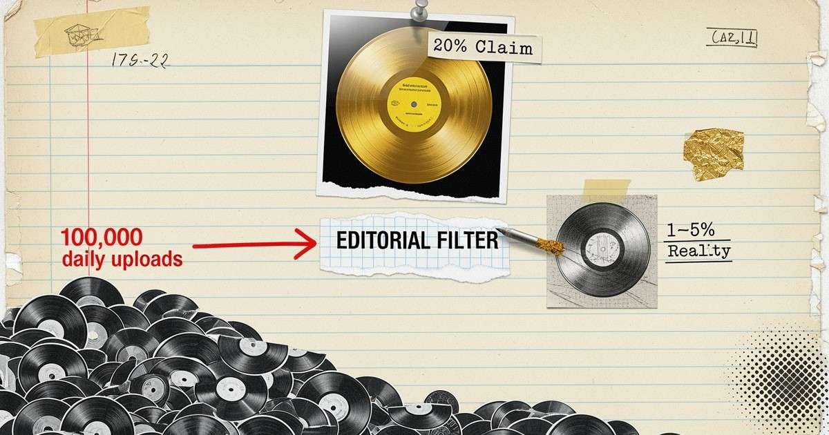 A mixed-media collage on weathered paper showing a mountain of vinyl records funneling into a graph, contrasting a glossy gold record