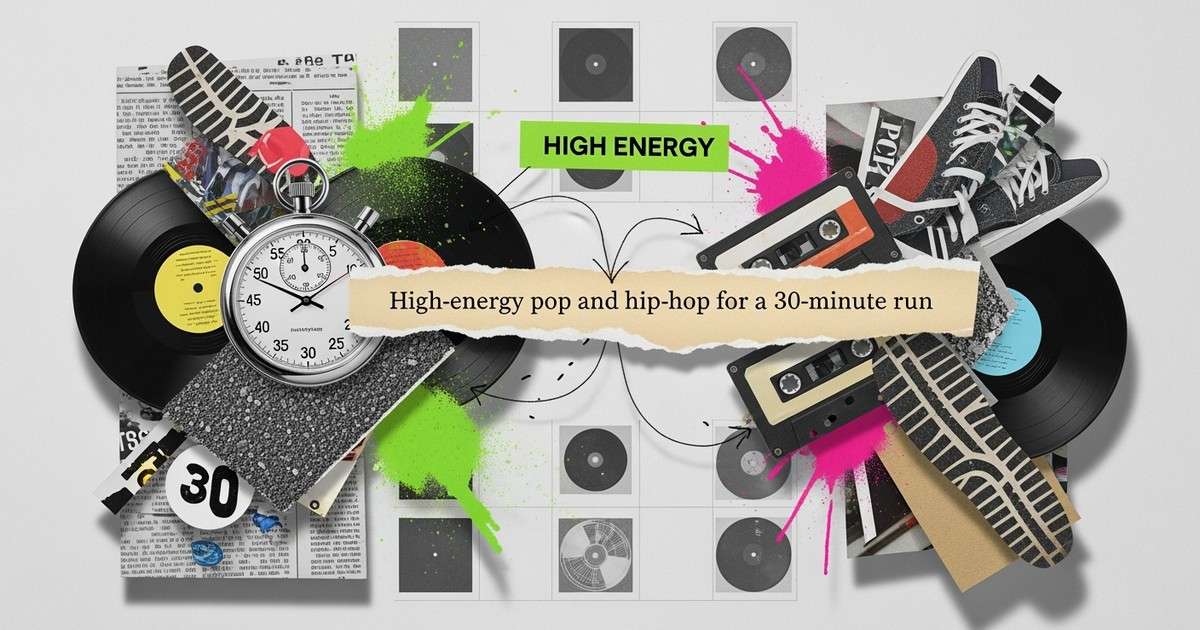 A dynamic mixed-media collage showing a typed music prompt exploding into vinyl records, stopwatch fragments, and vibrant energy waves.