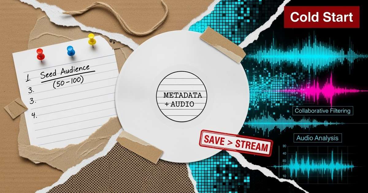 A mixed-media collage showing a vinyl record connected by red thread to a list of listeners, dissolving into digital audio waveforms.