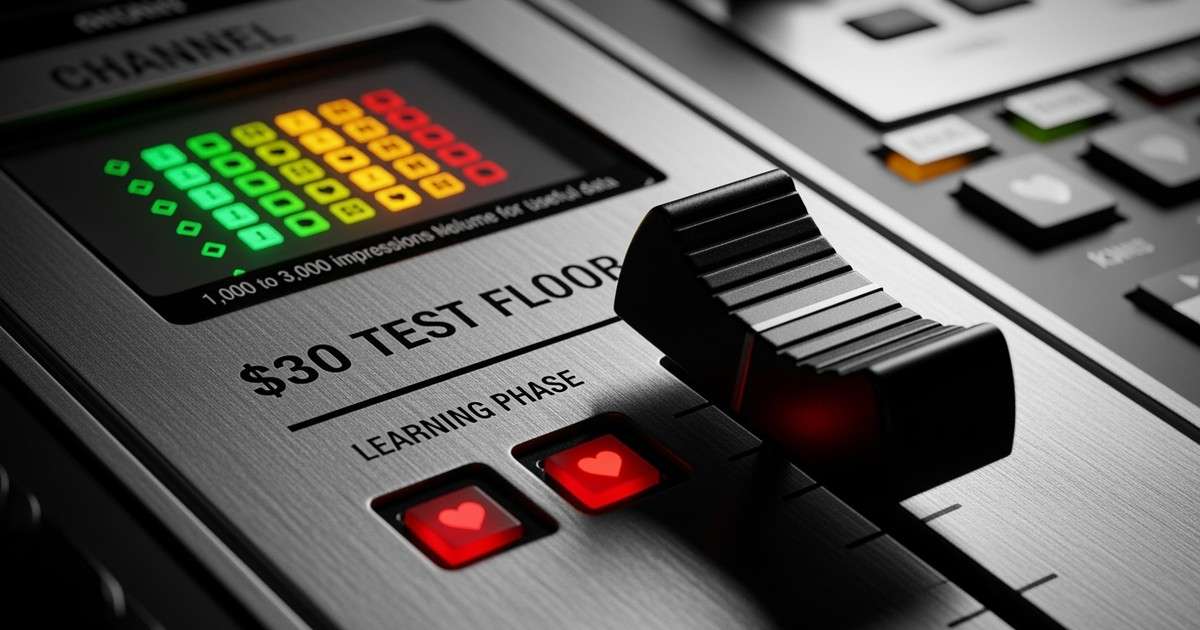 Macro photo of a music mixer fader pushed to a $30 mark where LED signal lights turn from red to green, symbolizing the budget needed to