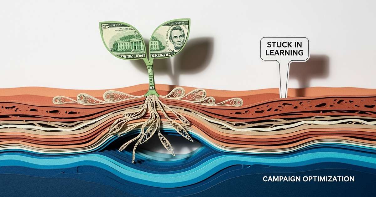 Paper-craft illustration of a fragile sprout with $5 bill leaves struggling to extend roots through dry soil toward a deep blue water