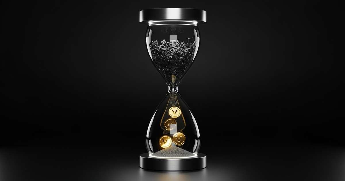 A hyper-realistic 3D render of a modern hourglass filled with musical notes transforming into golden verification badges against a dark