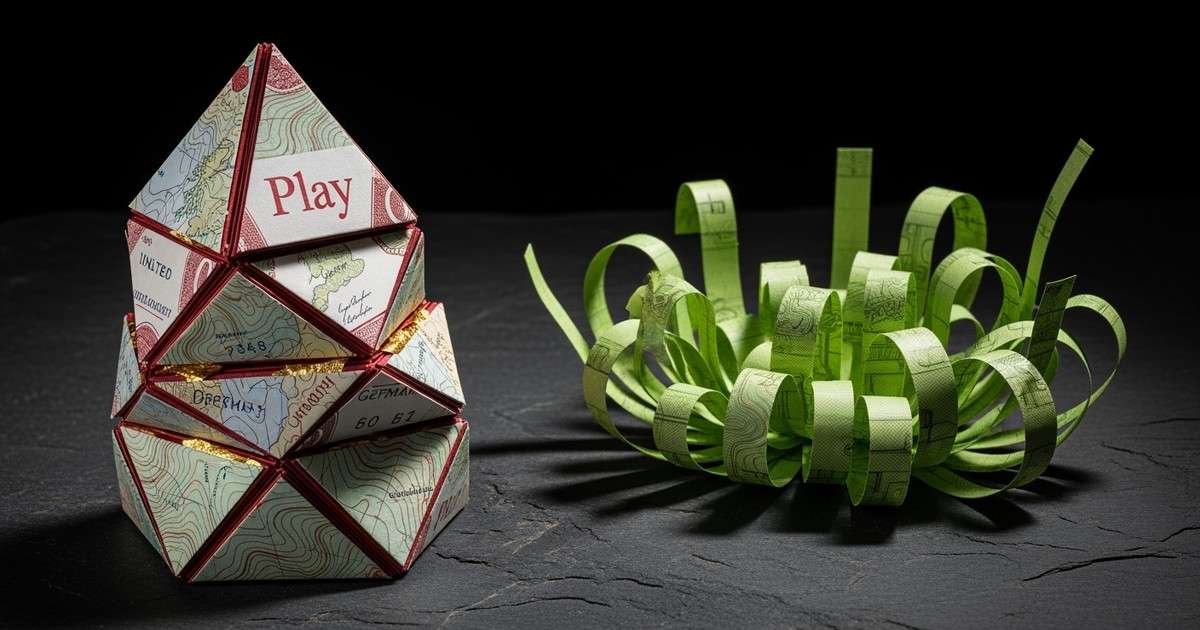 Macro paper craft illustration of a tall red play-button sculpture next to sprawling green paper sound waves on a dark surface.