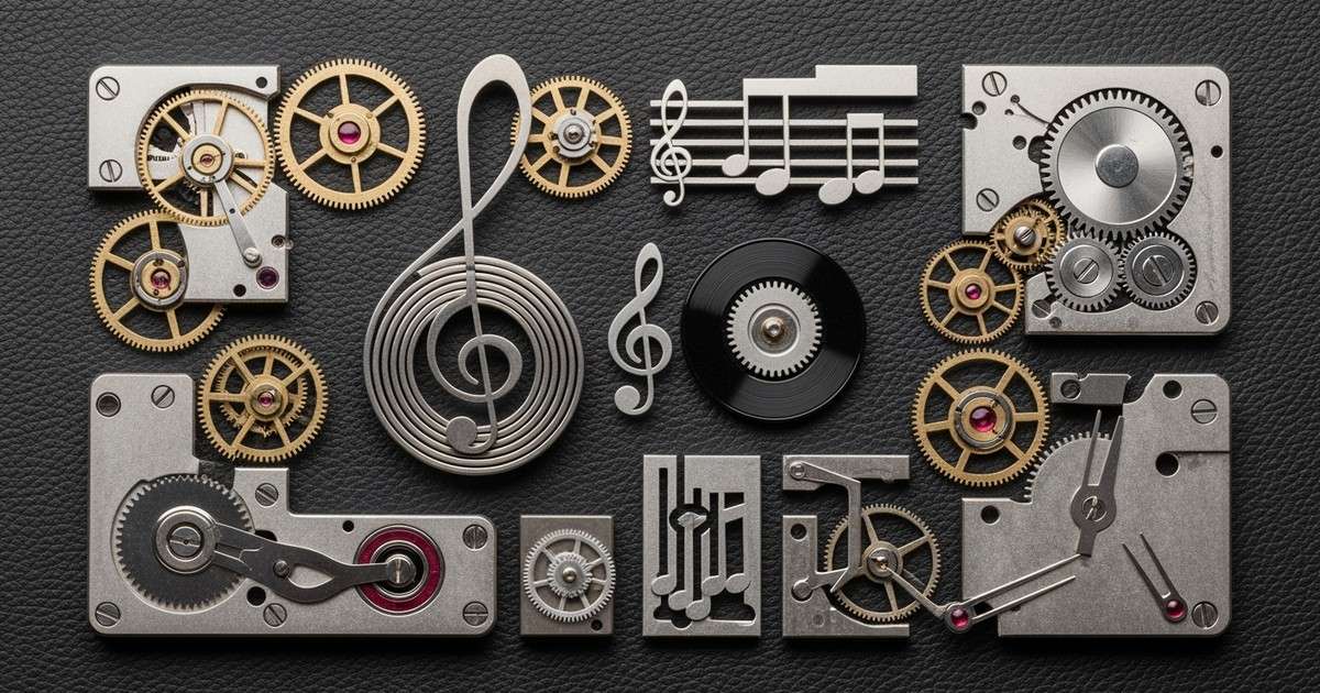 Top-down knolling photography of a disassembled mechanical watch movement where gears and springs are shaped like musical notes and vinyl