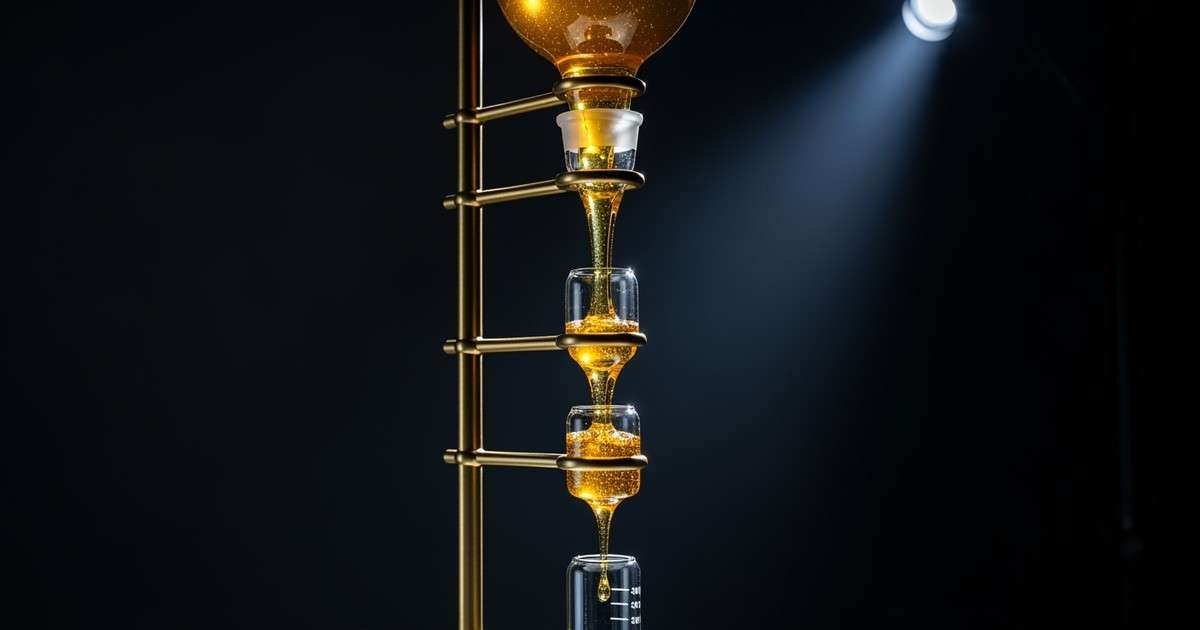 Macro photograph of a conceptual art installation featuring viscous golden liquid dripping slowly through suspended glass vessels and brass