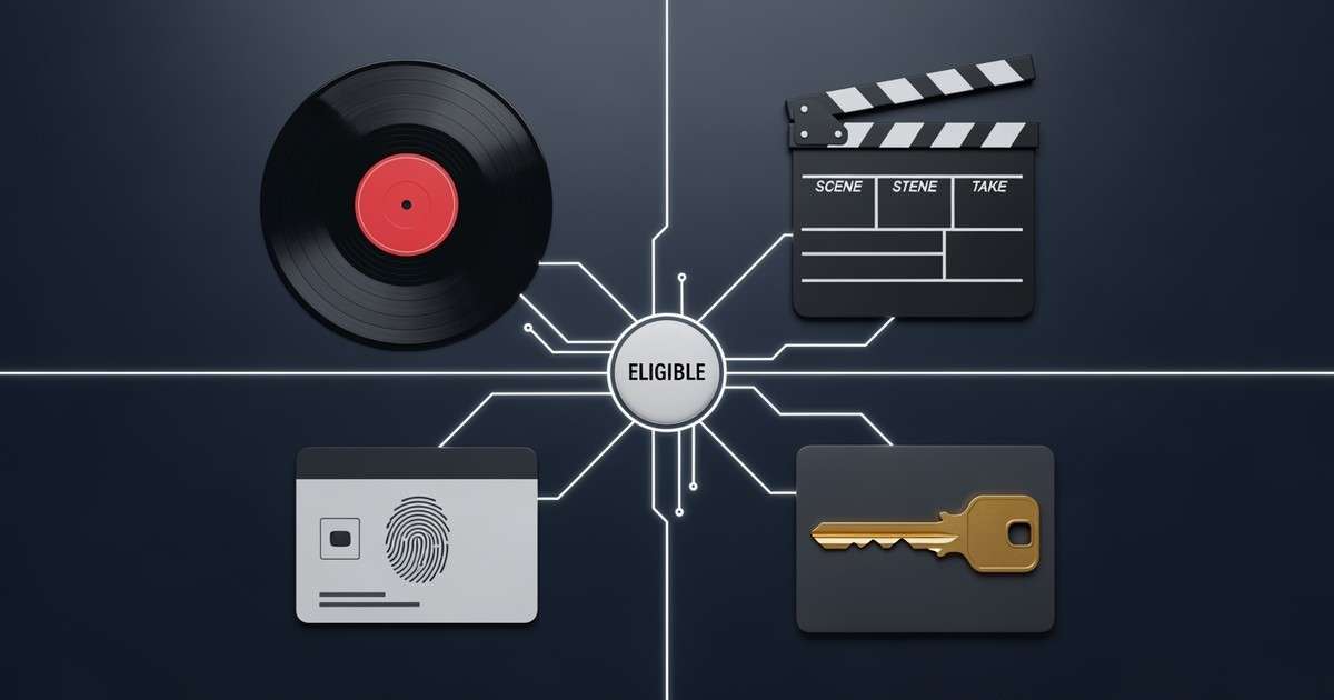 A meticulous flat-lay of music industry objects—vinyl, film slate, and ID card—connected by glowing lines to a central checkmark.