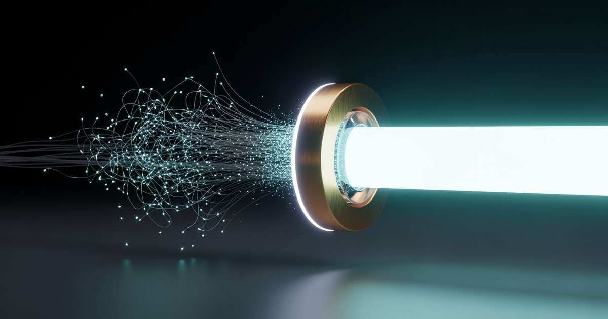 A surreal 3D closeup of loose, glowing optical fibers being pulled through a gold ring and fusing into a single powerful beam of light.