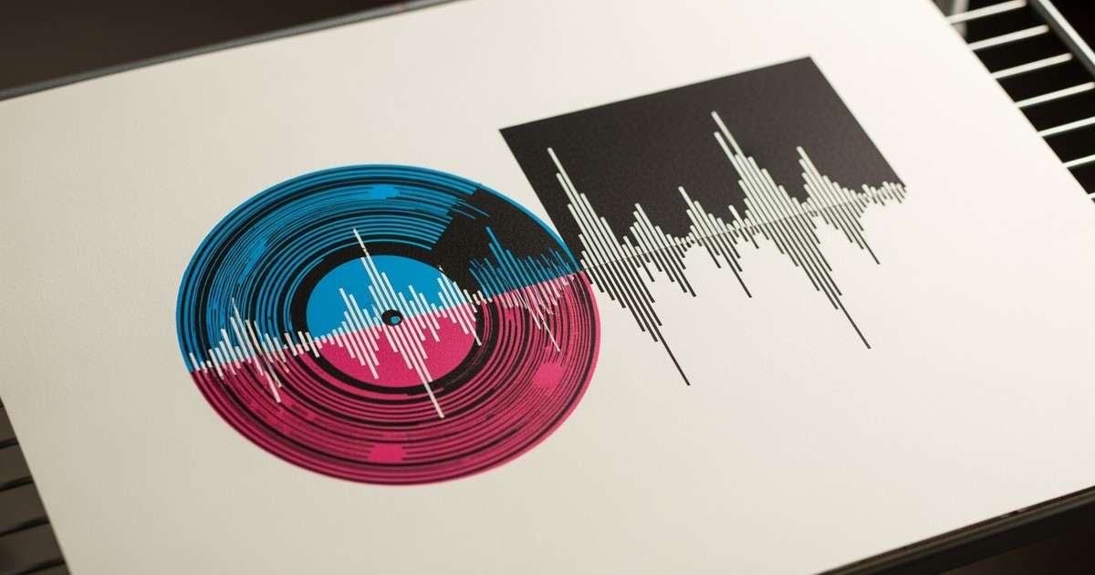A close-up of a screen-printed poster on textured paper showing a registration error; the cyan and magenta ink layers of a vinyl record