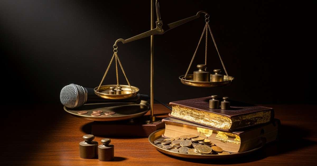 A dramatic still-life of a brass weighing scale; the heavy side holds songbooks and gold coins, while the light side holds a microphone and
