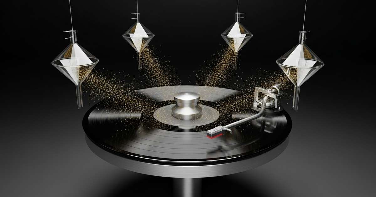 A spinning vinyl record in a kinetic sculpture flings gold dust into surrounding glass funnels, symbolizing revenue being diverted away