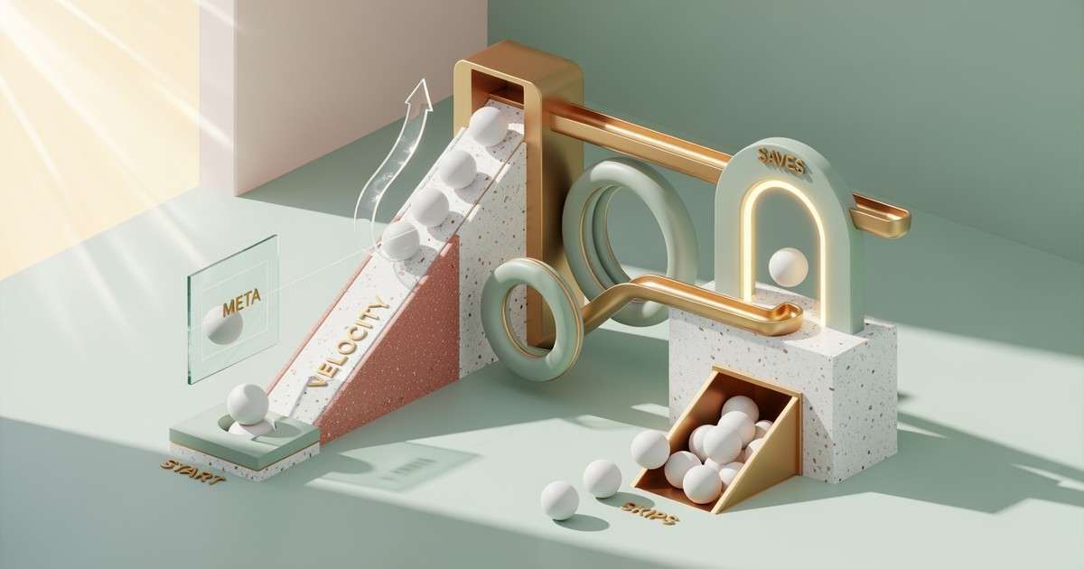 A surreal 3D illustration of a kinetic machine sorting white spheres, featuring ramps labeled Velocity and gates labeled Saves and Skips.