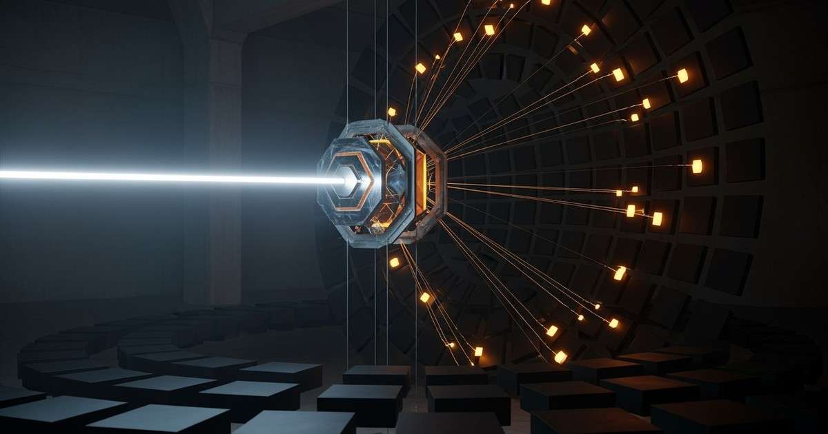 A cinematic art installation depicting a beam of light hitting a glass prism, refracting into beams that light up specific amber sensors in