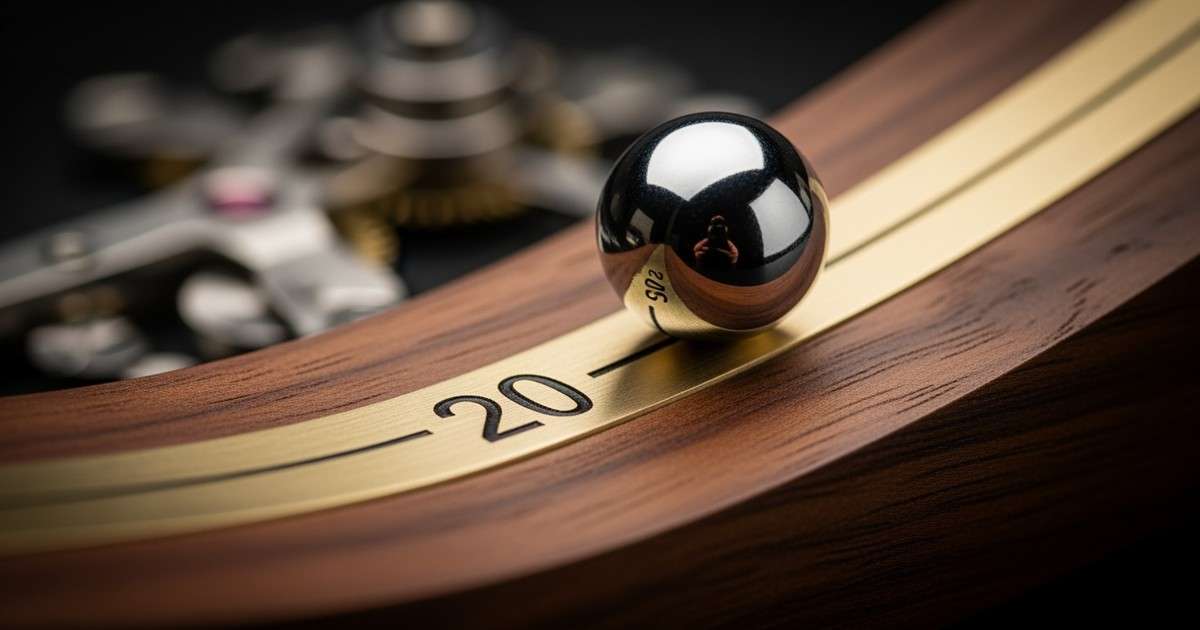Macro photograph of a steel sphere crossing a brass threshold marked '20' on a wooden kinetic sculpture track, symbolizing algorithmic
