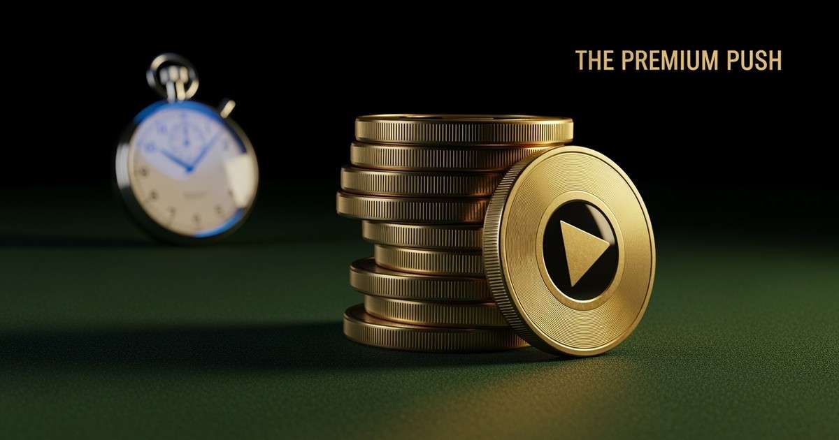 A close-up of a stack of gold, machined brass tokens shaped like play buttons being pushed forward on a dark felt surface, contrasting with