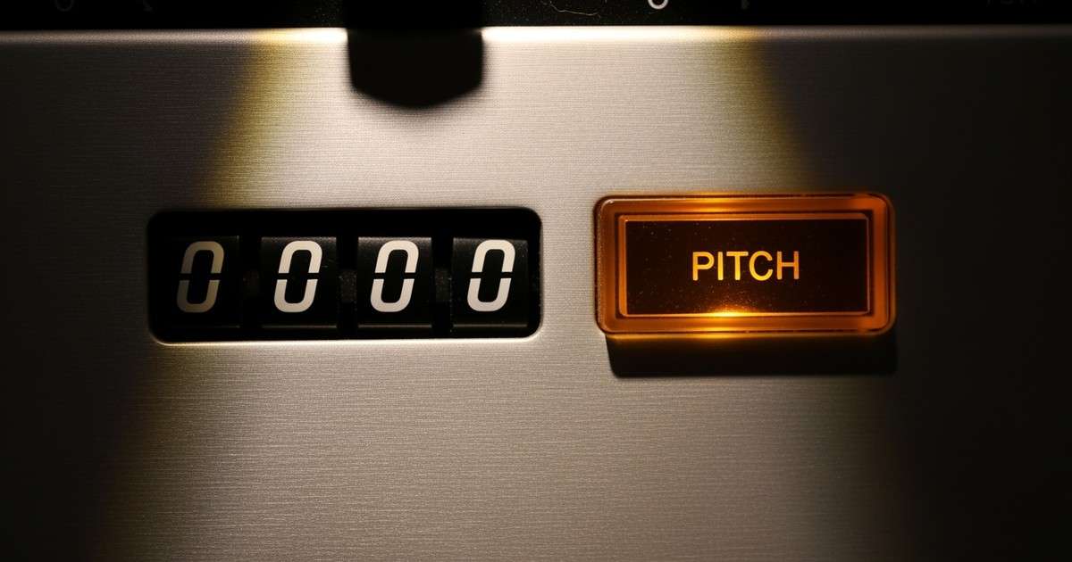 Macro photograph of a vintage audio counter reading 0000 next to an illuminated green button labeled PITCH on a brushed metal console.