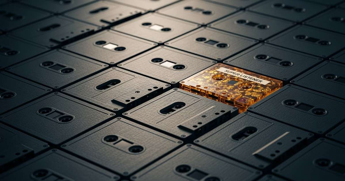 A macro photograph of a grid of matte grey cassette tapes where a single glowing amber resin tape stands out, representing a high-value