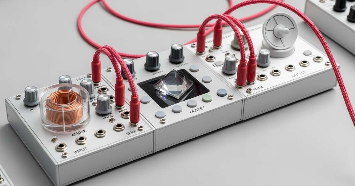 A close-up, high-angle shot of a conceptual modular synthesizer interface with pastel knobs and braided cables connecting abstract modules
