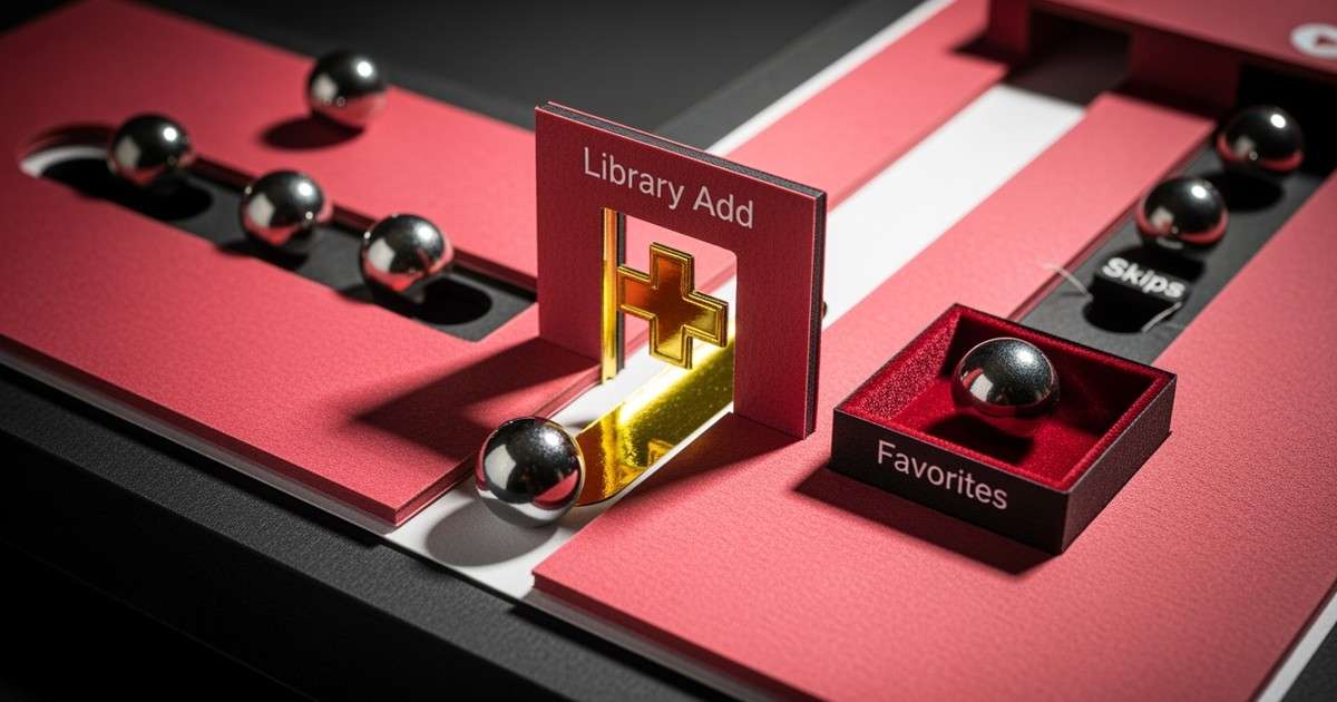 Macro photograph of a complex paper-sculpture marble run where chrome spheres are sorted through gold-foil gates shaped like plus signs