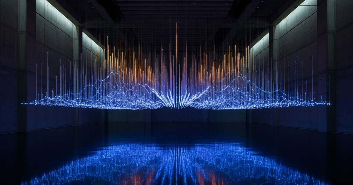 Wide shot of a suspended light installation in a dark gallery, where thousands of hanging acrylic rods glow with data-driven pulses of