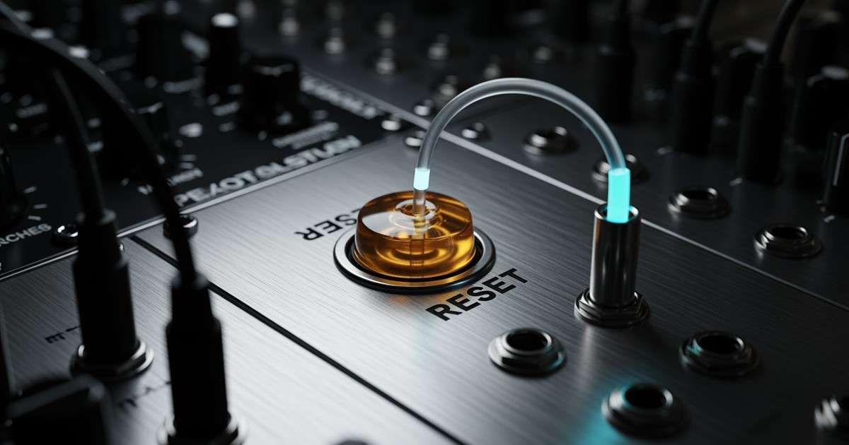 A close-up of a synthesizer patch bay where the 'RESET' port is permanently sealed with resin, while a glowing blue cable bypasses it to