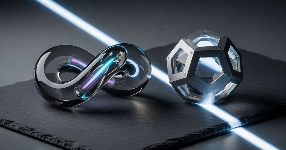 High-end abstract still life featuring a smooth, glowing glass loop next to a sharp, multifaceted aluminum geometric shape on dark slate.