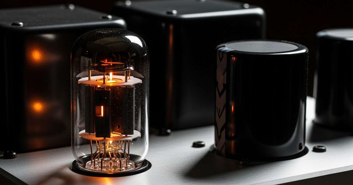 Macro photograph of a glowing vintage vacuum tube amplifier next to a cold solid-state component, symbolizing the vibrant energy of Spark